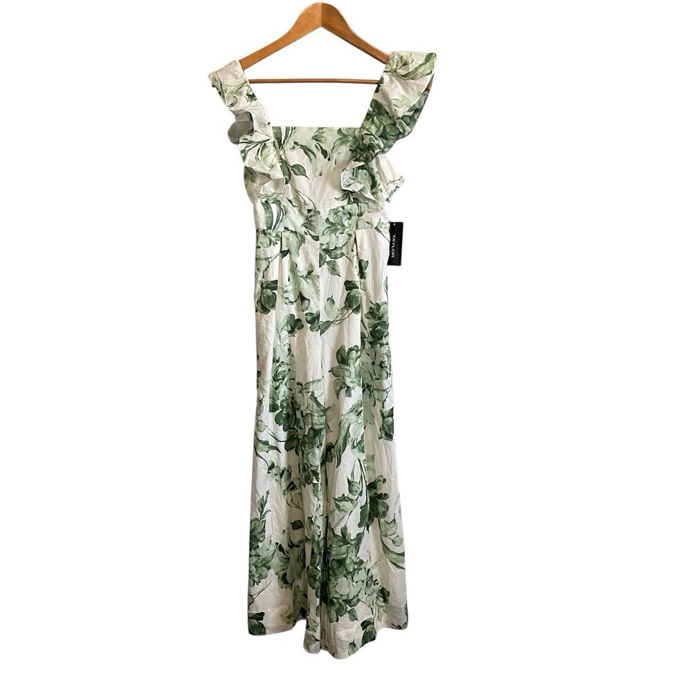 TAYLOR Green White Floral Ruffle Wide Leg Cotton Jumpsuit XS NWT Beach Office